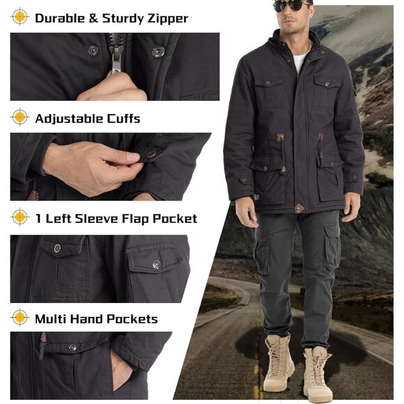 Mens Gray Thick Winter Jacket Hooded Fleece Lined Cotton Military Coat - Picture 4 of 6